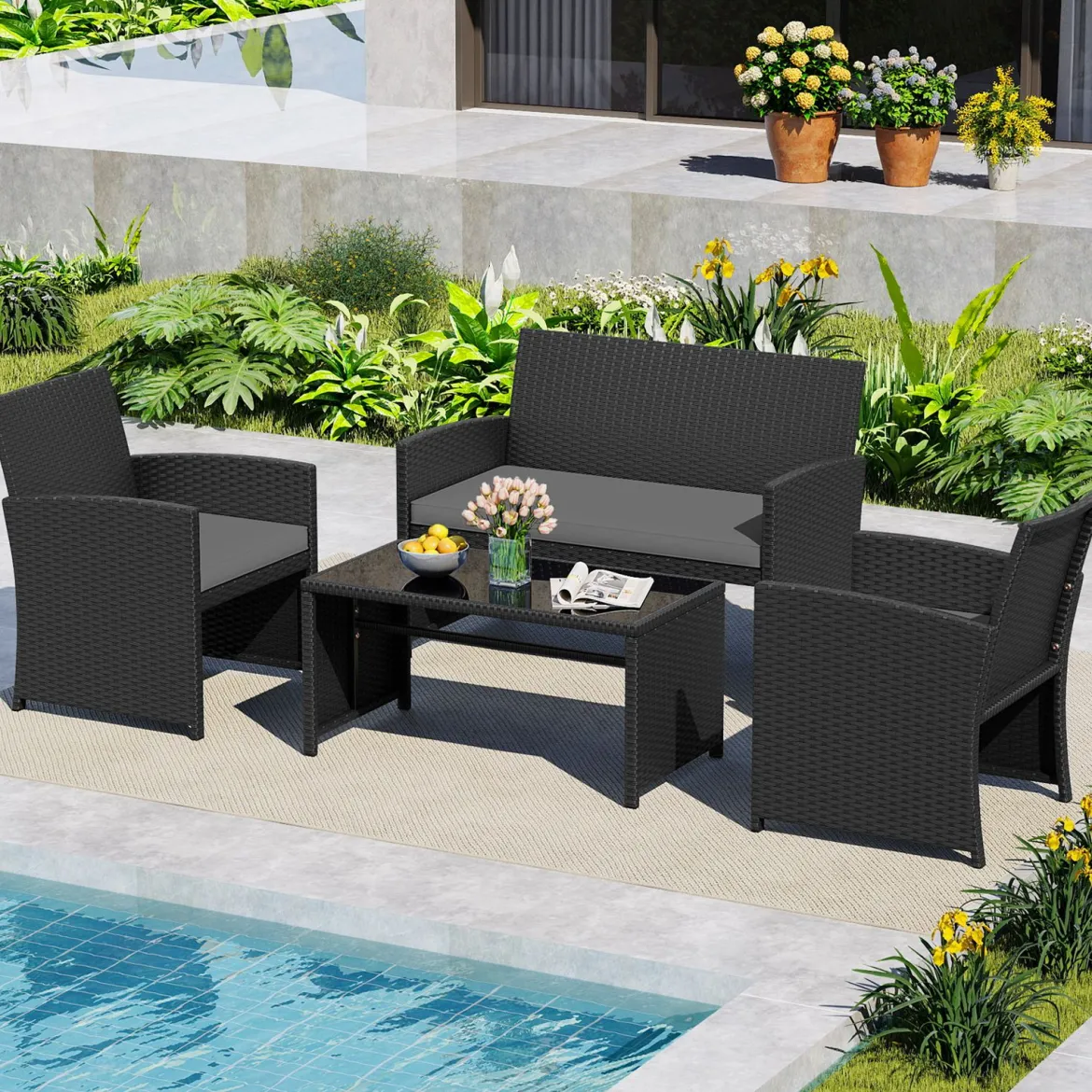 4-teiliges Rattan Gartenmöbel Wicker 2-Sitzer Sofa mit gehärtetem Glas-Couchtisch Grau