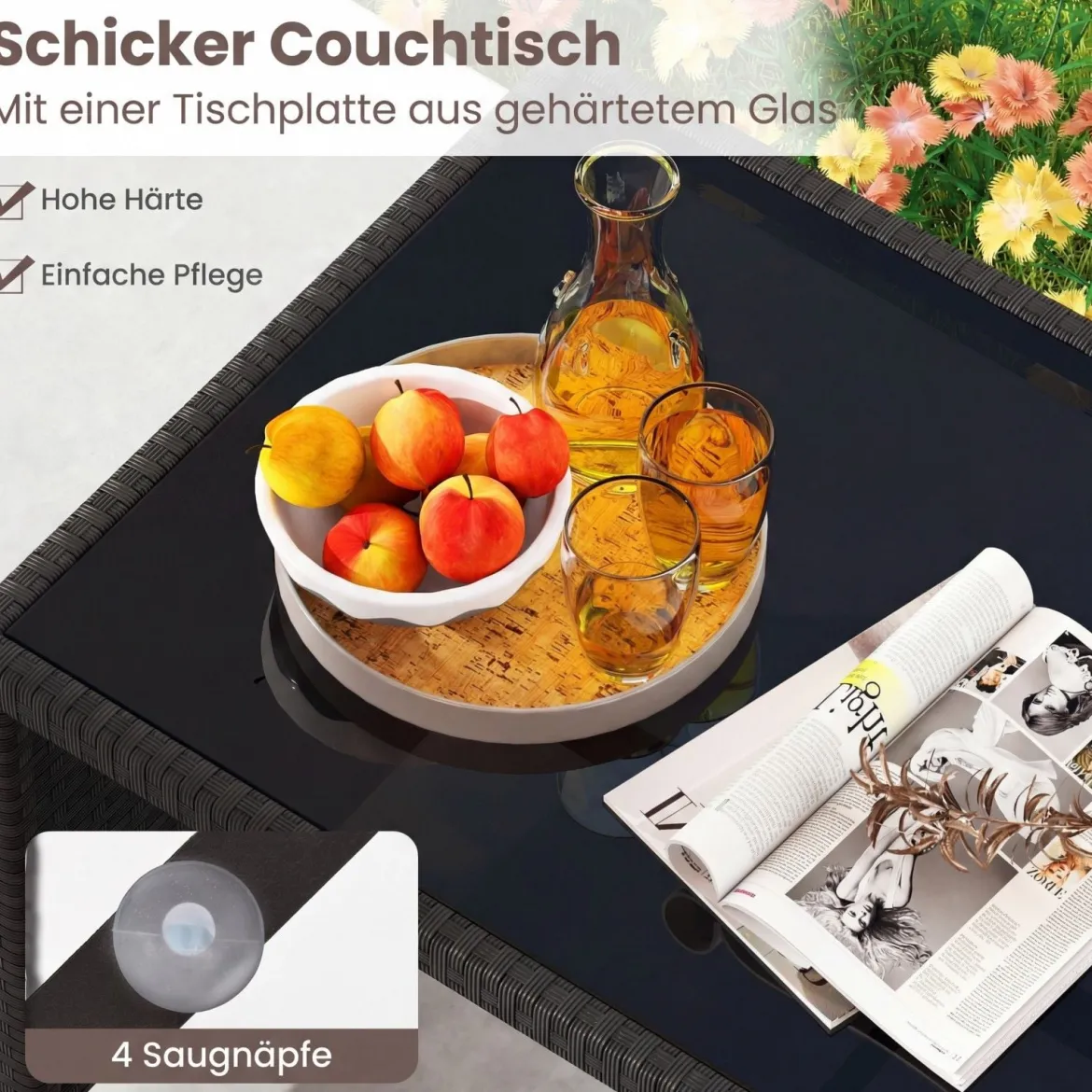 4-teiliges Rattan Gartenmöbel Wicker 2-Sitzer Sofa mit gehärtetem Glas-Couchtisch Grau