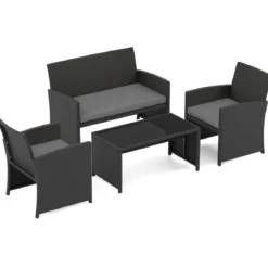 4-teiliges Rattan Gartenmöbel Wicker 2-Sitzer Sofa mit gehärtetem Glas-Couchtisch Grau
