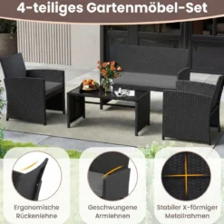 4-teiliges Rattan Gartenmöbel Wicker 2-Sitzer Sofa mit gehärtetem Glas-Couchtisch Grau