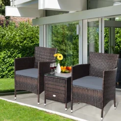 3-teiliges Rattanmöbel-Set Outdoor Rattan-Set mit Kissen Braun + Grau