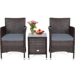 3-teiliges Rattanmöbel-Set Outdoor Rattan-Set mit Kissen Braun + Grau