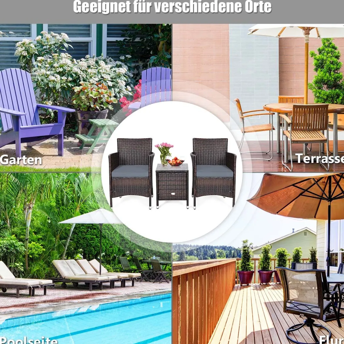 3-teiliges Rattanmöbel-Set Outdoor Rattan-Set mit Kissen Braun + Grau