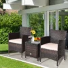 3-teiliges Rattan-Set mit Couchtisch, Stühlen & dicken Kissen Braun + Beige