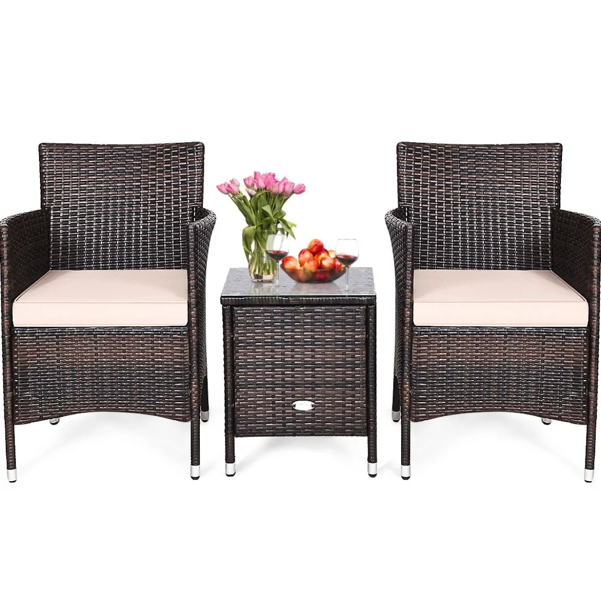 3-teiliges Rattan-Set mit Couchtisch, Stühlen & dicken Kissen Braun + Beige