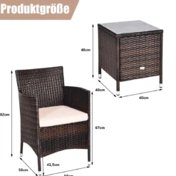 3-teiliges Rattan-Set mit Couchtisch, Stühlen & dicken Kissen Braun + Beige