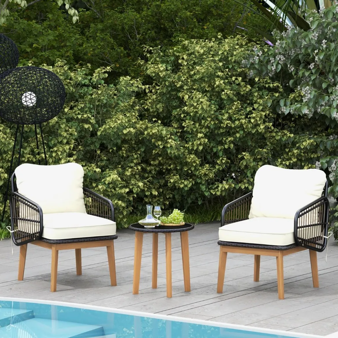 3-teiliges Rattan Terrassenmöbel Set Garten Sitzgarnitur 2 Korbstühle & Glas Beistelltisch & Kissen
