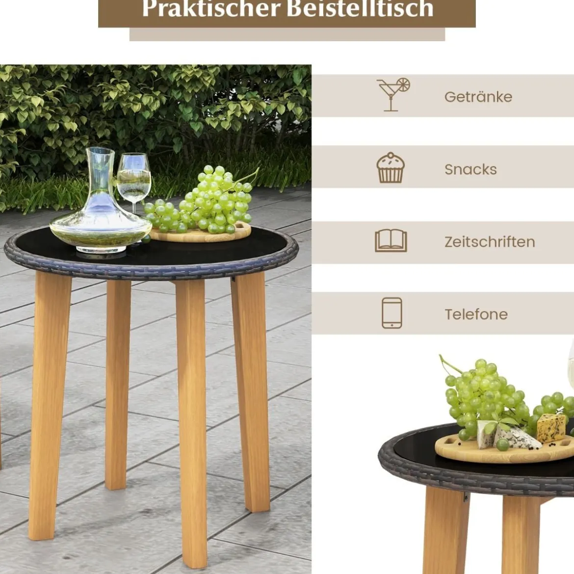 3-teiliges Rattan Terrassenmöbel Set Garten Sitzgarnitur 2 Korbstühle & Glas Beistelltisch & Kissen