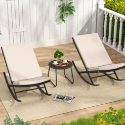 3-teiliges Schaukel-Bistro-Set PE-Rattan-Stühle mit Metall-Couchtisch & dicken Kissen Gartenmöbel-Set