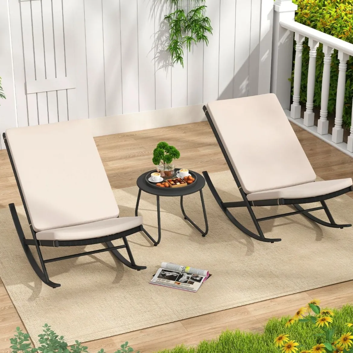 3-teiliges Schaukel-Bistro-Set PE-Rattan-Stühle mit Metall-Couchtisch & dicken Kissen Gartenmöbel-Set