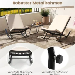 3-teiliges Schaukel-Bistro-Set PE-Rattan-Stühle mit Metall-Couchtisch & dicken Kissen Gartenmöbel-Set