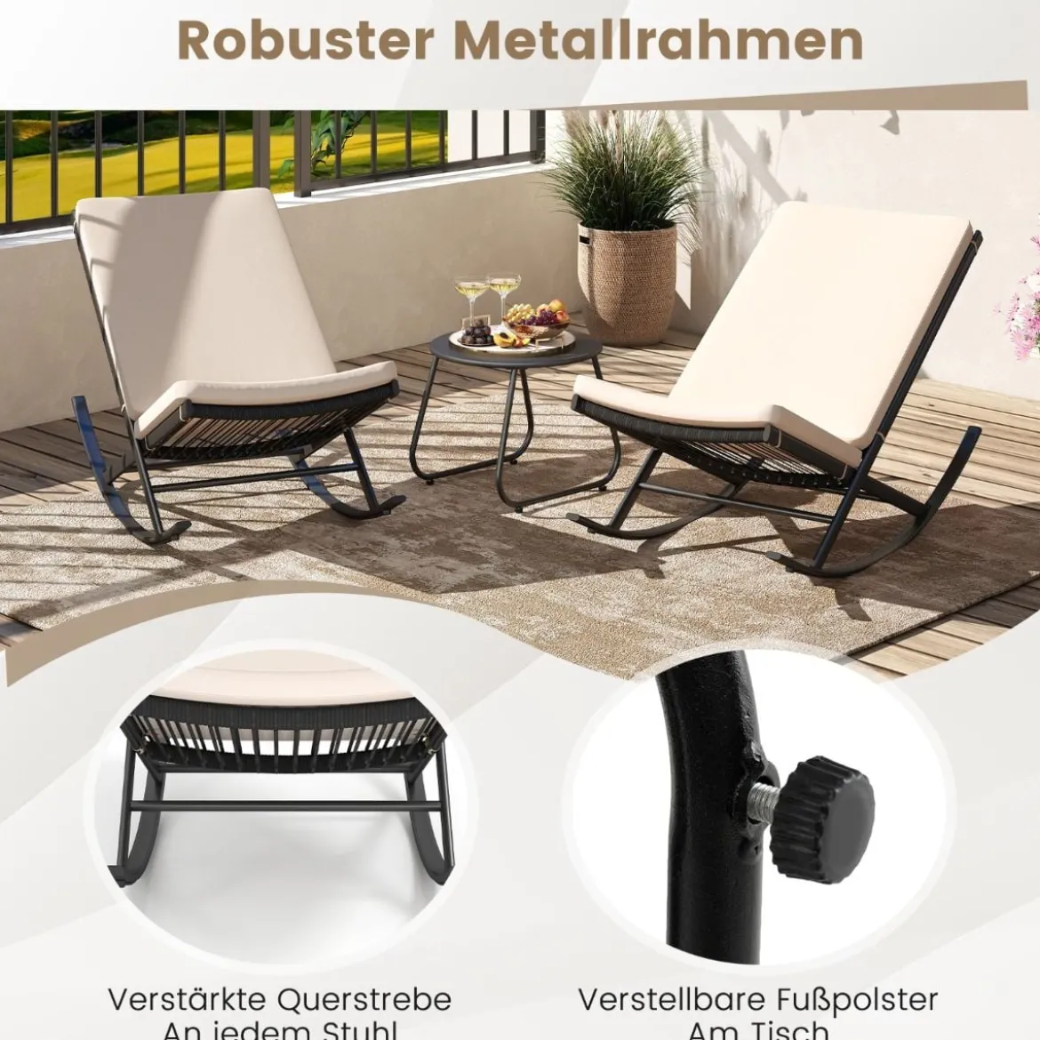 3-teiliges Schaukel-Bistro-Set PE-Rattan-Stühle mit Metall-Couchtisch & dicken Kissen Gartenmöbel-Set