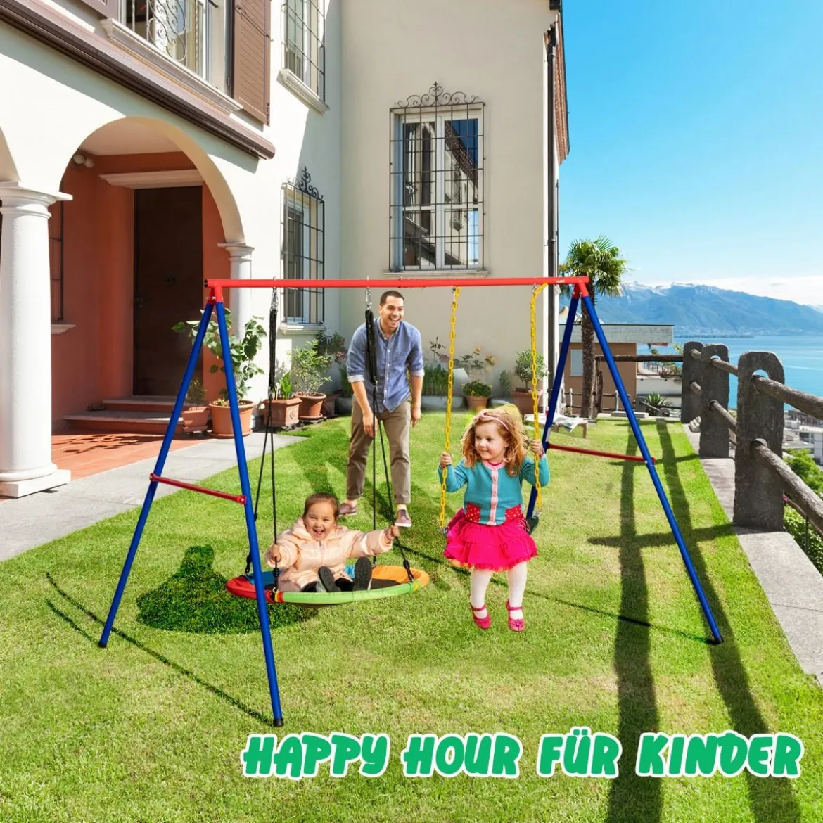 2-teiliges Schaukel-Set mit verstellbaren Seilen & 2 hängenden Wege für Terrasse Spielplatz Hof Bunt