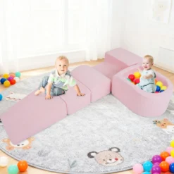 5-teiliges Schaumstoffbausteine für Kleinkinder Softbausteine mit Bällebad (ohne Bälle) & Sherpa-Bezügen Indoor Rosa