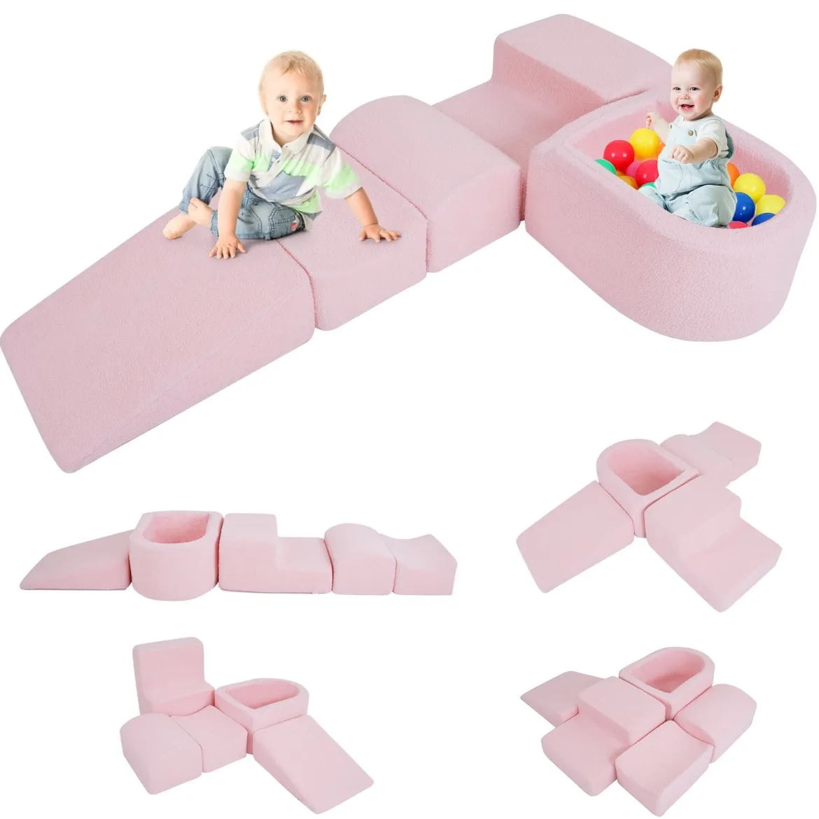 5-teiliges Schaumstoffbausteine für Kleinkinder Softbausteine mit Bällebad (ohne Bälle) & Sherpa-Bezügen Indoor Rosa