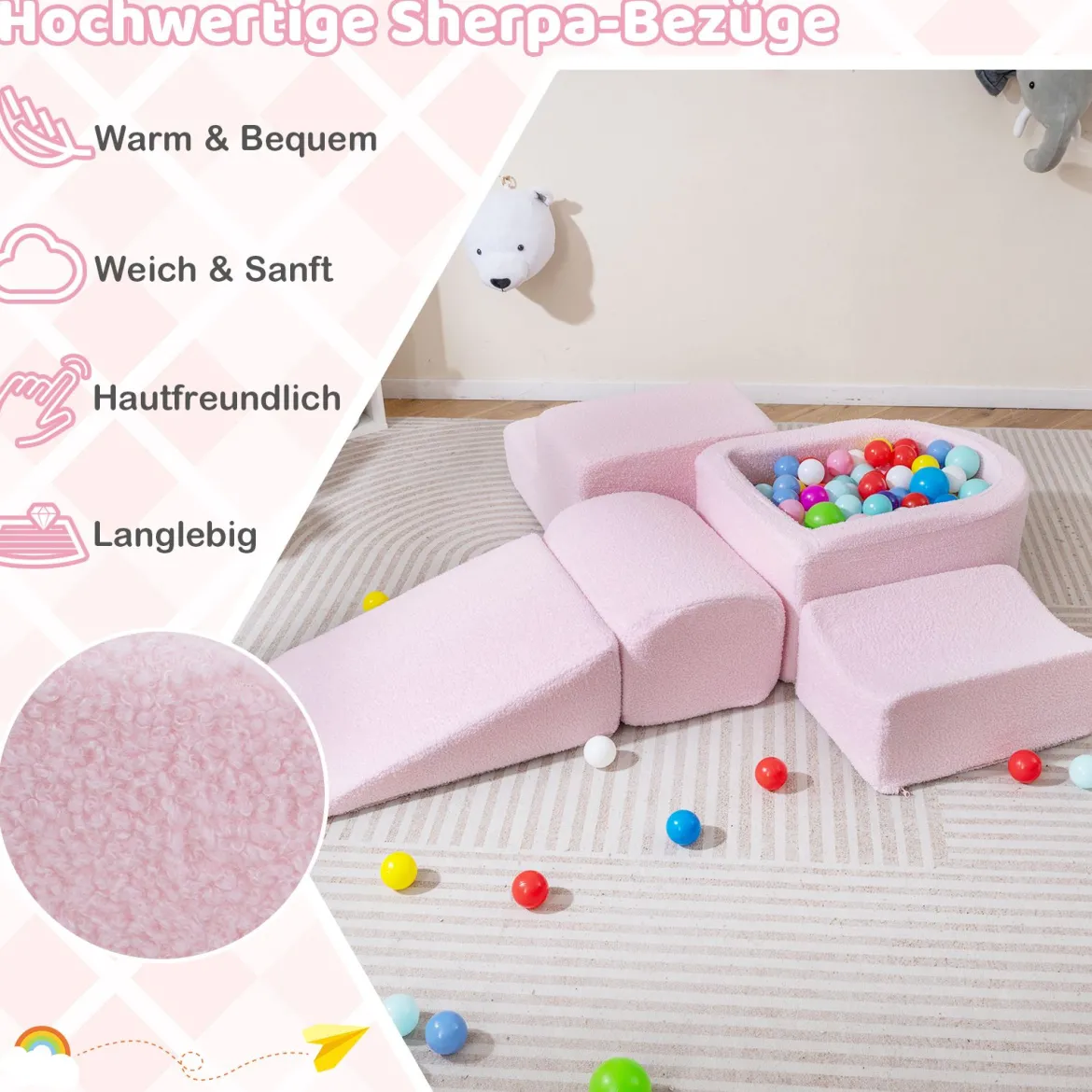 5-teiliges Schaumstoffbausteine für Kleinkinder Softbausteine mit Bällebad (ohne Bälle) & Sherpa-Bezügen Indoor Rosa