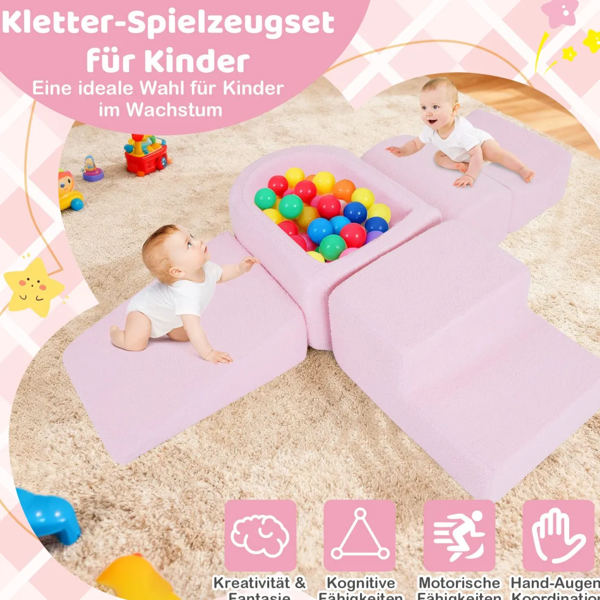 5-teiliges Schaumstoffbausteine für Kleinkinder Softbausteine mit Bällebad (ohne Bälle) & Sherpa-Bezügen Indoor Rosa