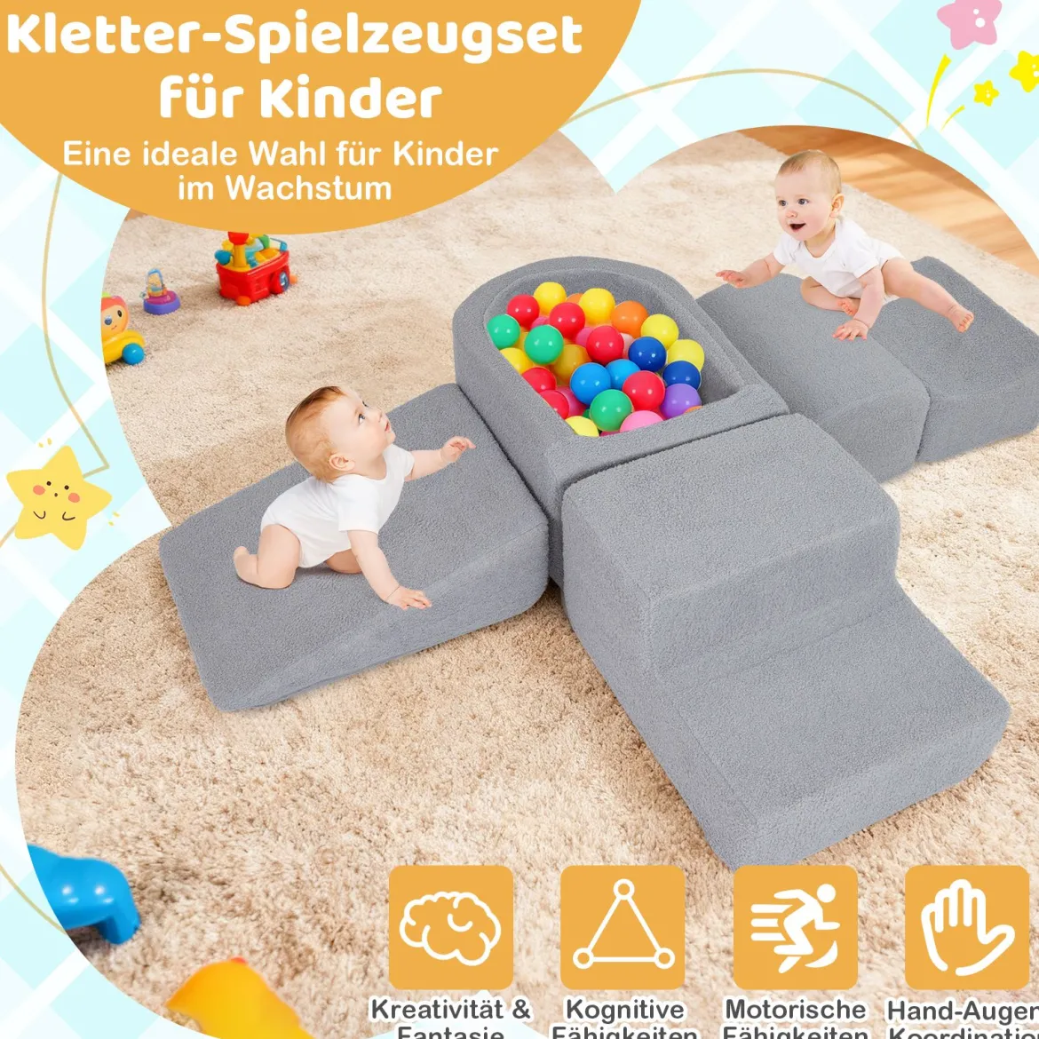 5-teiliges Schaumstoffbausteine für Kleinkinder Softbausteine mit Bällebad (ohne Bälle) & Sherpa-Bezügen Indoor Grau