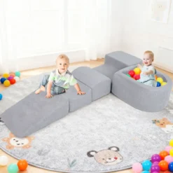 5-teiliges Schaumstoffbausteine für Kleinkinder Softbausteine mit Bällebad (ohne Bälle) & Sherpa-Bezügen Indoor Grau