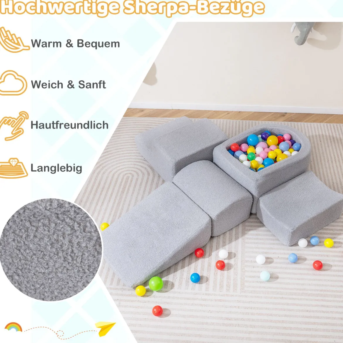 5-teiliges Schaumstoffbausteine für Kleinkinder Softbausteine mit Bällebad (ohne Bälle) & Sherpa-Bezügen Indoor Grau