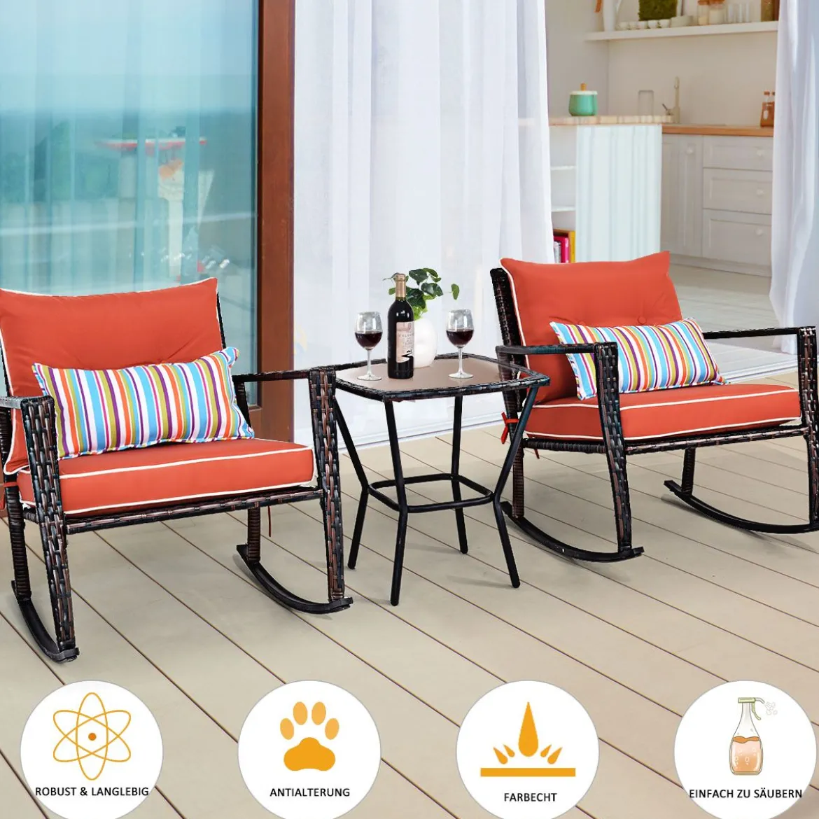 3-teiliges Set mit Lendenkissen Allwetter-Schaukelstühle Outdoor-Set 68 x 77 x 82 cm Rot + Schwarz