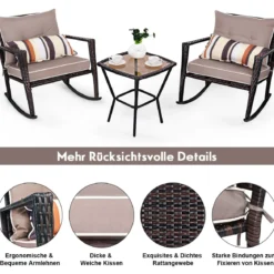 3-teiliges Set Rustikales Outdoor-Set mit abnehmbaren Sitzkissen 68 x 77 x 82 cm Braun + Schwarz