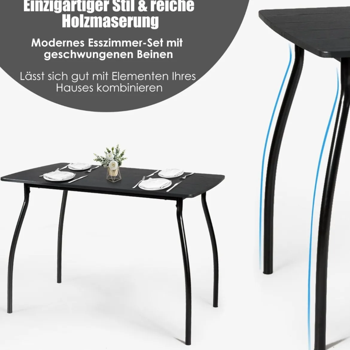 5-teilig Esstisch-Set Minimalistische Essgruppe mit 4 Stühlen 4 Personen Sitzgruppe Schwarz