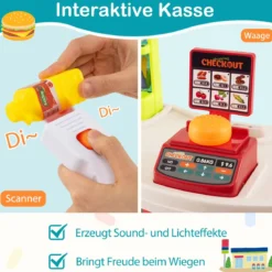 76-teiliges Supermarkt mit Einkaufswagen Kaufladen mit Waage & Scanner Kaufmannsladen Blau