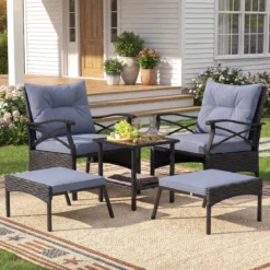 5-teiliges Terrassenmöbel-Set aus Korbgeflecht Outdoor-Rattanstühle mit Ottomanen Grau