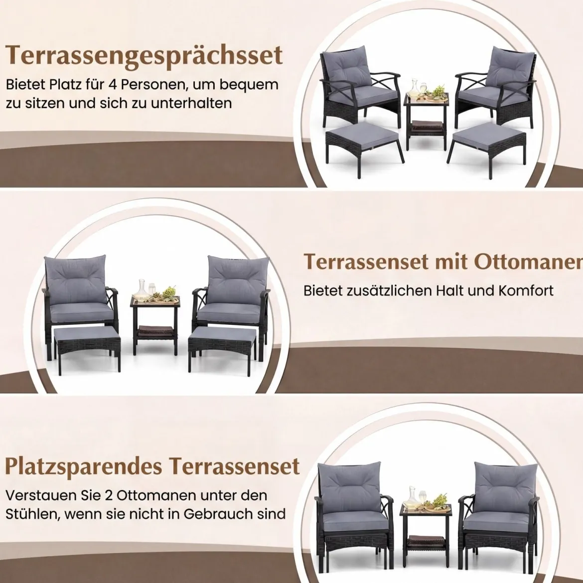 5-teiliges Terrassenmöbel-Set aus Korbgeflecht Outdoor-Rattanstühle mit Ottomanen Grau