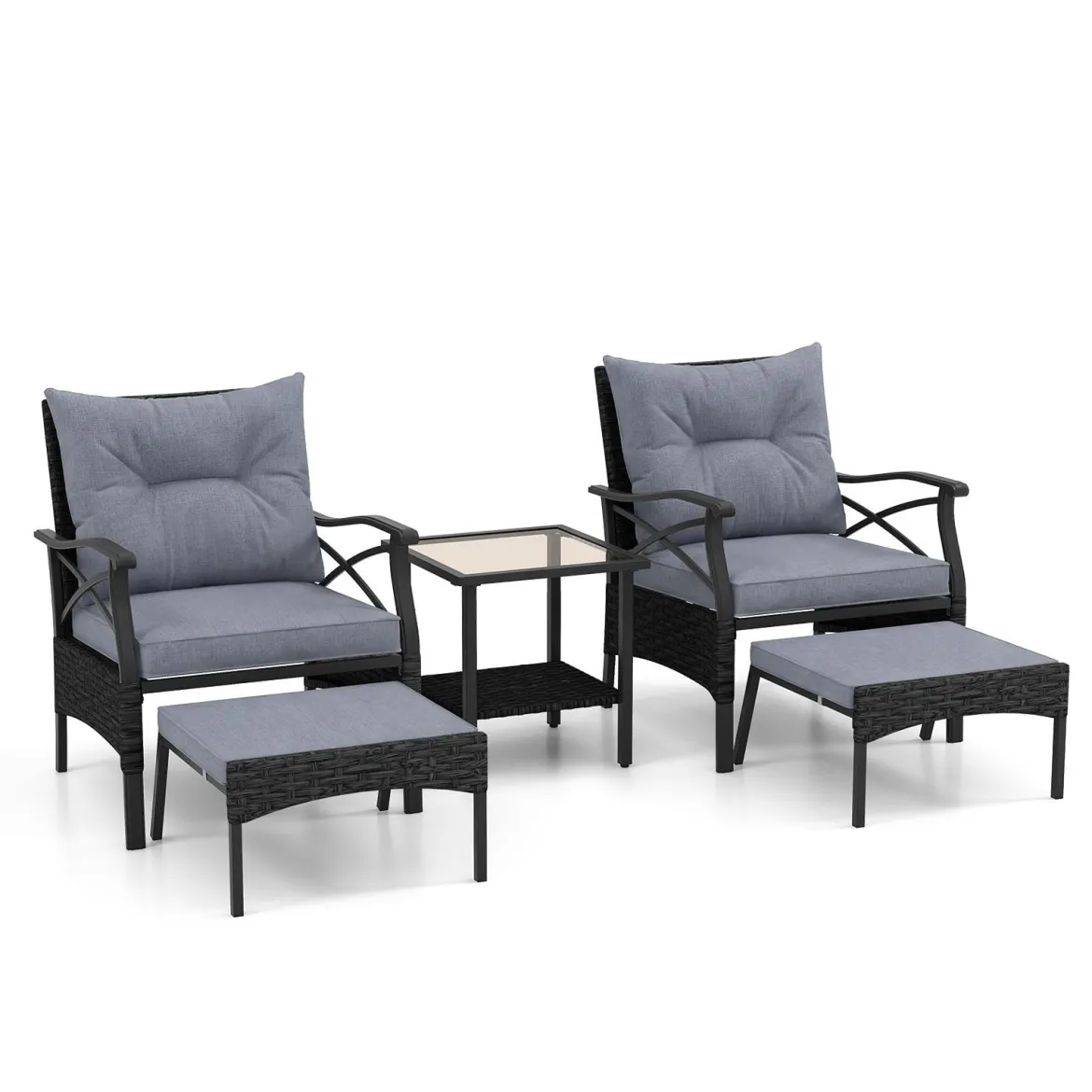 5-teiliges Terrassenmöbel-Set aus Korbgeflecht Outdoor-Rattanstühle mit Ottomanen Grau