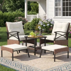 5-teiliges Terrassenmöbel-Set aus Korbgeflecht Outdoor-Rattanstühle mit Ottomanen Beige