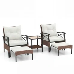5-teiliges Terrassenmöbel-Set aus Korbgeflecht Outdoor-Rattanstühle mit Ottomanen Beige
