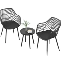 3-teiliges Terrassenmöbel-Set Bistrostühle und Beistelltisch mit Sitzflächen + Tischplatte aus PP Schwarz