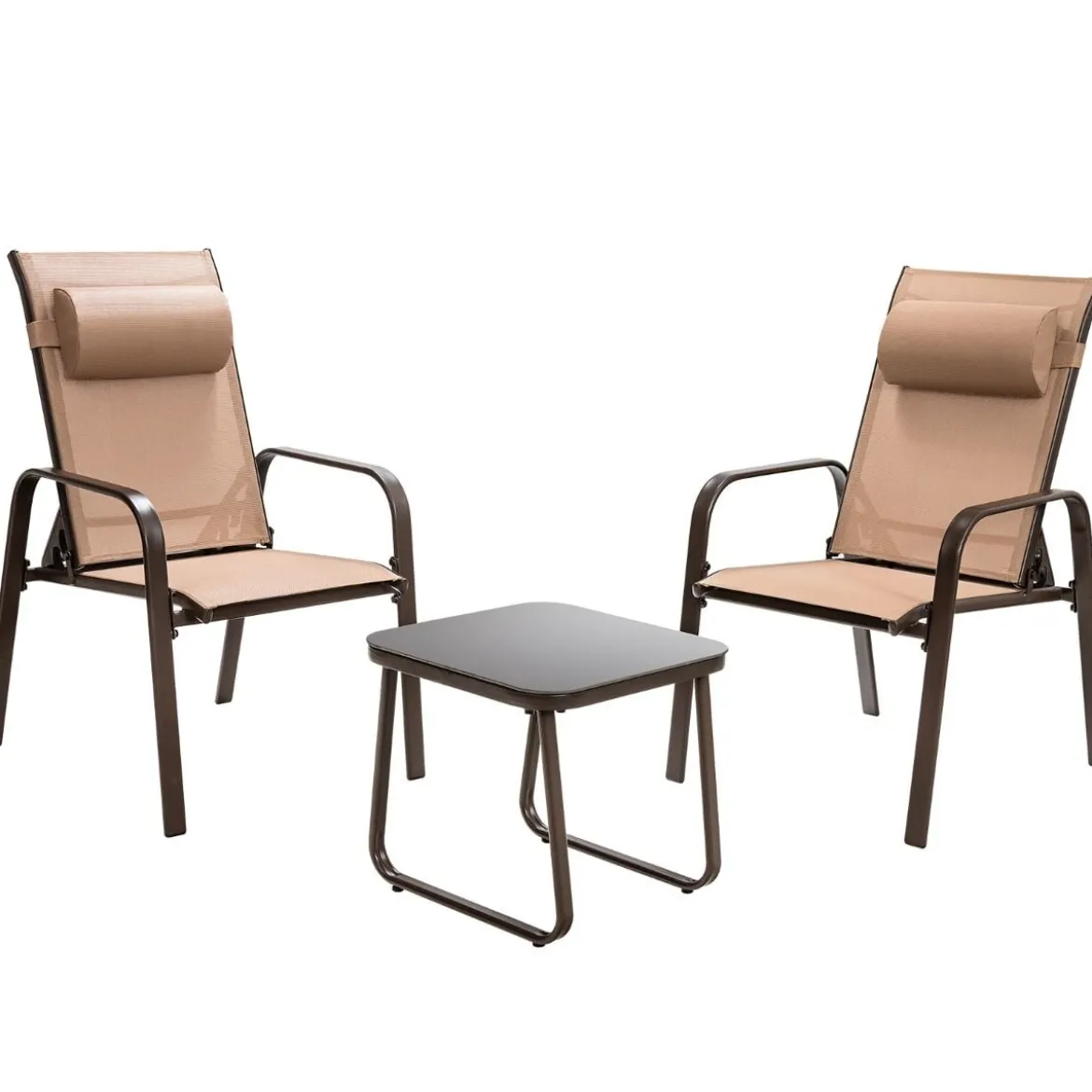 3-teiliges Terrassenmöbel-Set Couchtisch aus Hartglas und 2 stapelbare Stühle braun