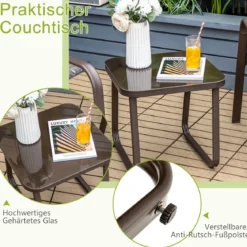 3-teiliges Terrassenmöbel-Set Couchtisch aus Hartglas und 2 stapelbare Stühle braun