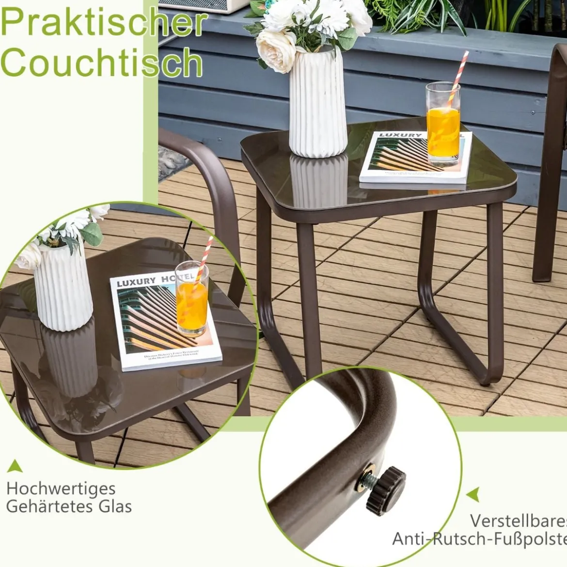 3-teiliges Terrassenmöbel-Set Couchtisch aus Hartglas und 2 stapelbare Stühle braun