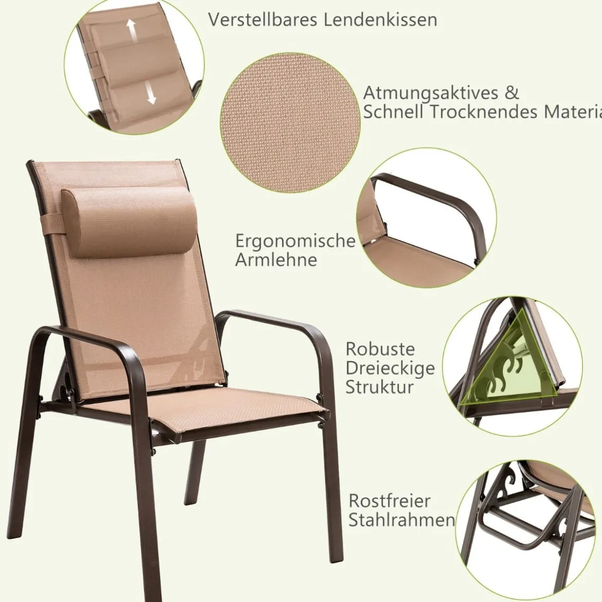 3-teiliges Terrassenmöbel-Set Couchtisch aus Hartglas und 2 stapelbare Stühle braun