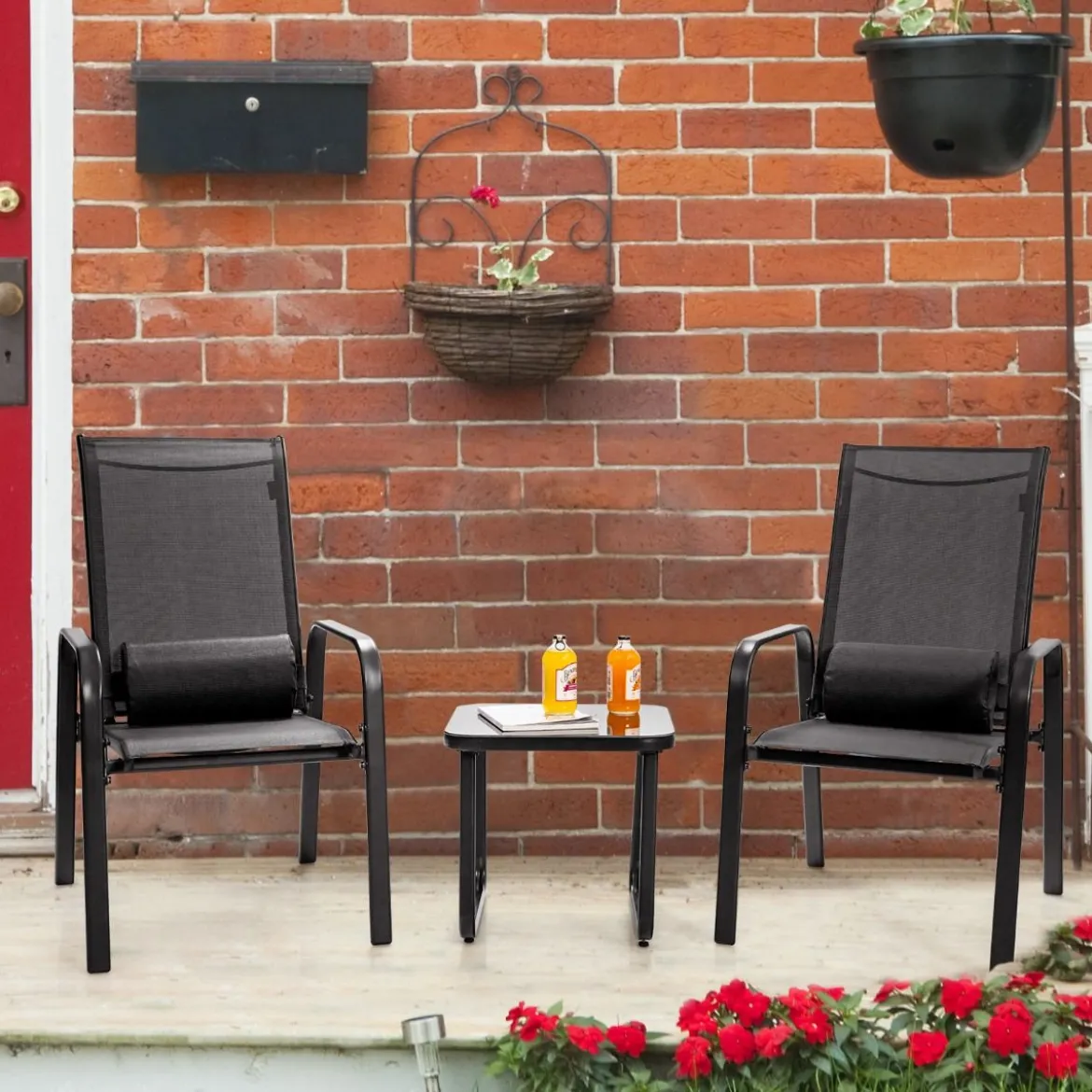 3-teiliges Terrassenmöbel-Set Couchtisch aus Hartglas und 2 stapelbare Stühle schwarz