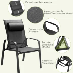 3-teiliges Terrassenmöbel-Set Couchtisch aus Hartglas und 2 stapelbare Stühle schwarz