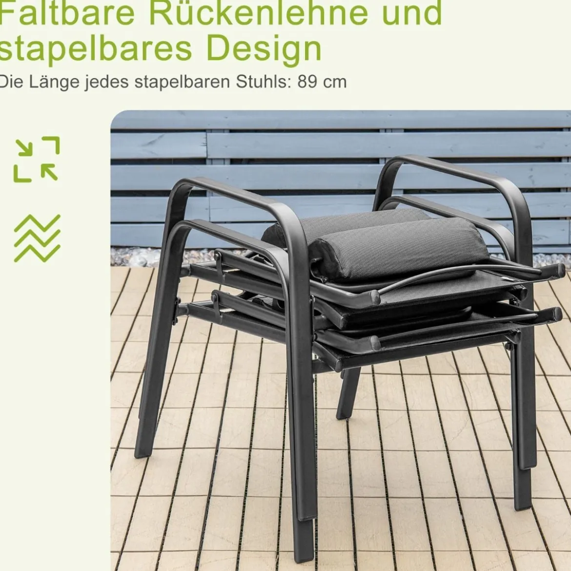3-teiliges Terrassenmöbel-Set Couchtisch aus Hartglas und 2 stapelbare Stühle schwarz