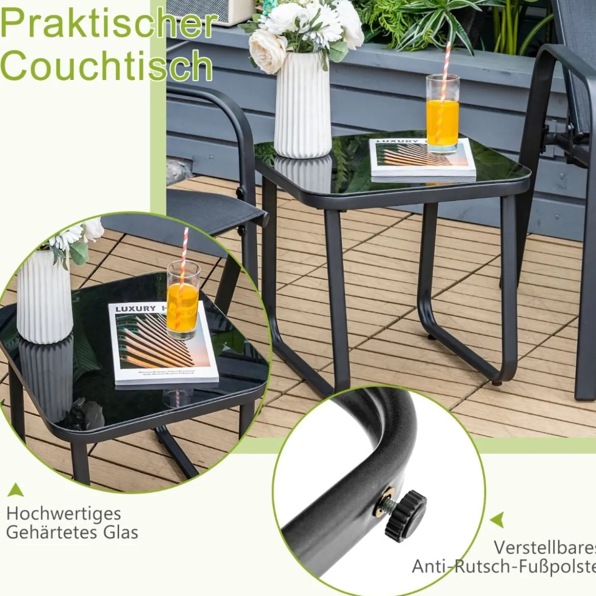 3-teiliges Terrassenmöbel-Set Couchtisch aus Hartglas und 2 stapelbare Stühle schwarz