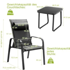 3-teiliges Terrassenmöbel-Set Couchtisch aus Hartglas und 2 stapelbare Stühle schwarz