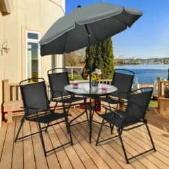 6 Teiliges Terrassenmöbelset mit Kaffeetisch & 4 Klappstühlen & Schirm