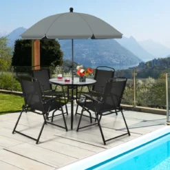 6 Teiliges Terrassenmöbelset mit Kaffeetisch & 4 Klappstühlen & Schirm