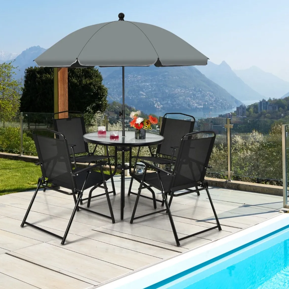 6 Teiliges Terrassenmöbelset mit Kaffeetisch & 4 Klappstühlen & Schirm
