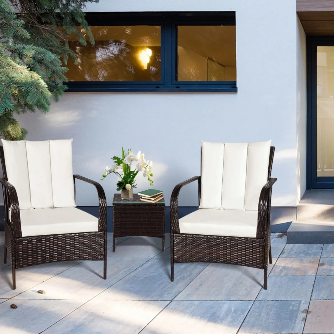 3-Teiliges Terrassenmöbel-Set 2 PE-Rattan-Stühle und Kaffeetisch Cremeweiß