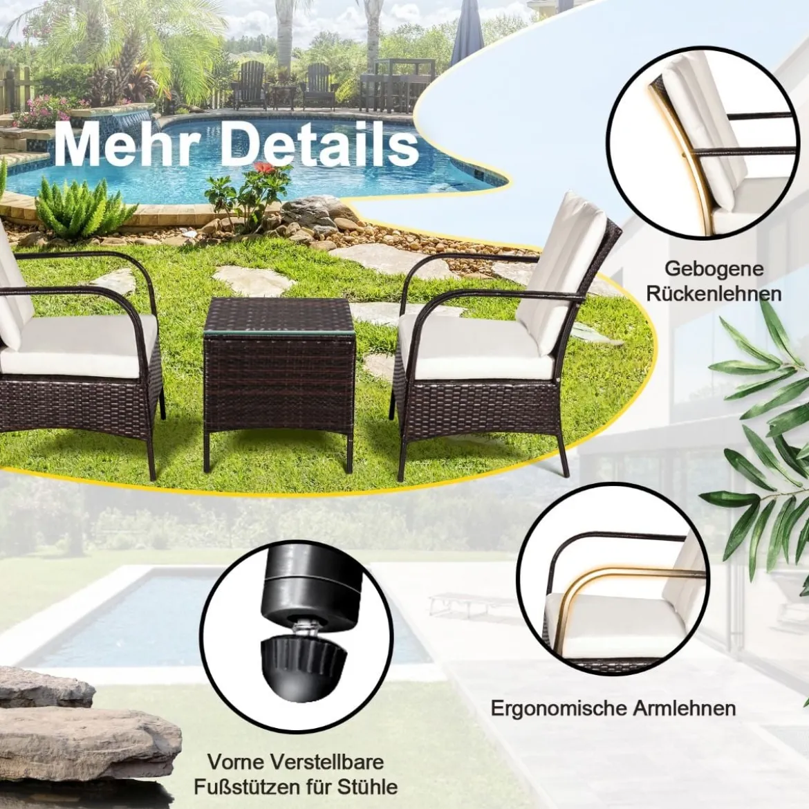 3-Teiliges Terrassenmöbel-Set 2 PE-Rattan-Stühle und Kaffeetisch Cremeweiß