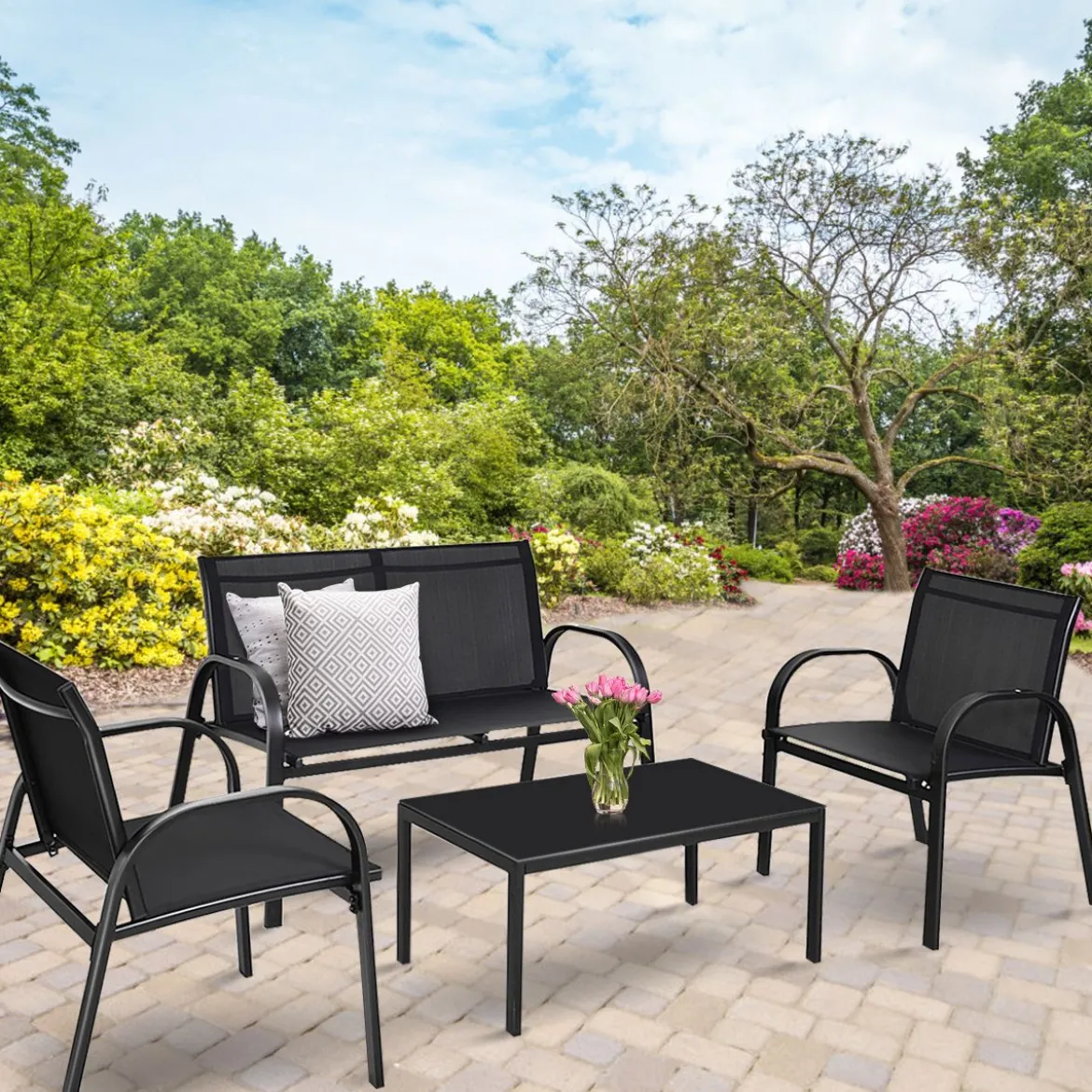 4-teiliges Terrassenmöbelset Terrassenmöbel Gartenmöbel Garten Lounge Set Sitzgruppe Sitzgarnitur Schwarz
