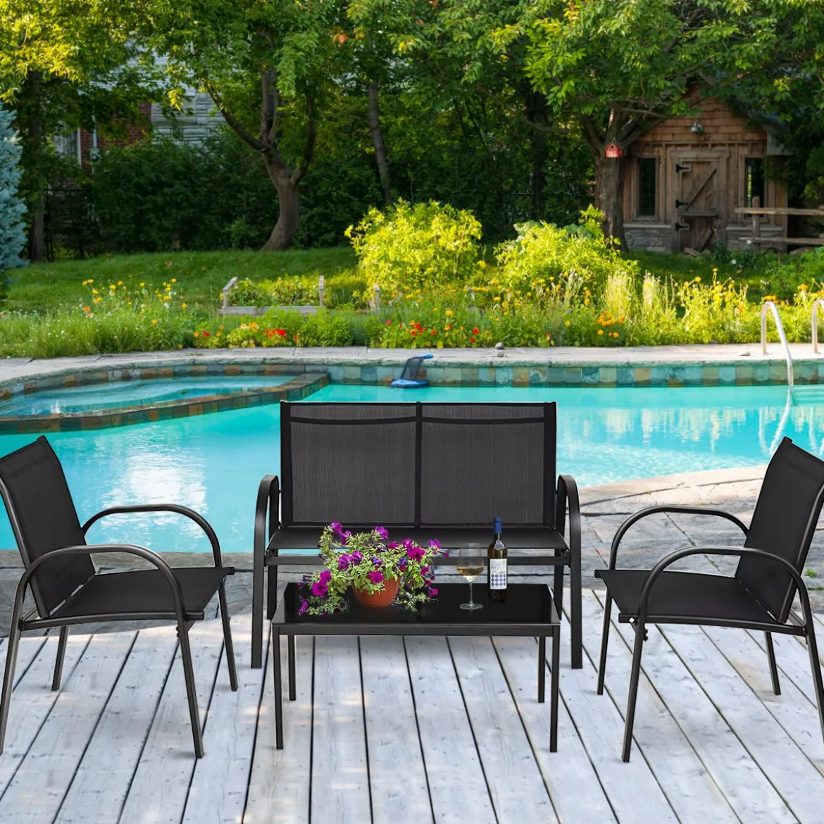 4-teiliges Terrassenmöbelset Terrassenmöbel Gartenmöbel Garten Lounge Set Sitzgruppe Sitzgarnitur Schwarz